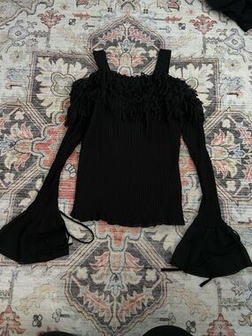Black Womens Off-Shoulder Ruffle Long-Sleeve Top
